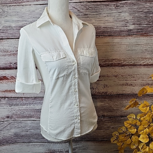 James Perse Tops - NWT JAMES PERSE WHITE CONTRAST PANEL 3/4 ROLL-UP TAB SLEEVE BUTTON-UP SHIRT FLAW
